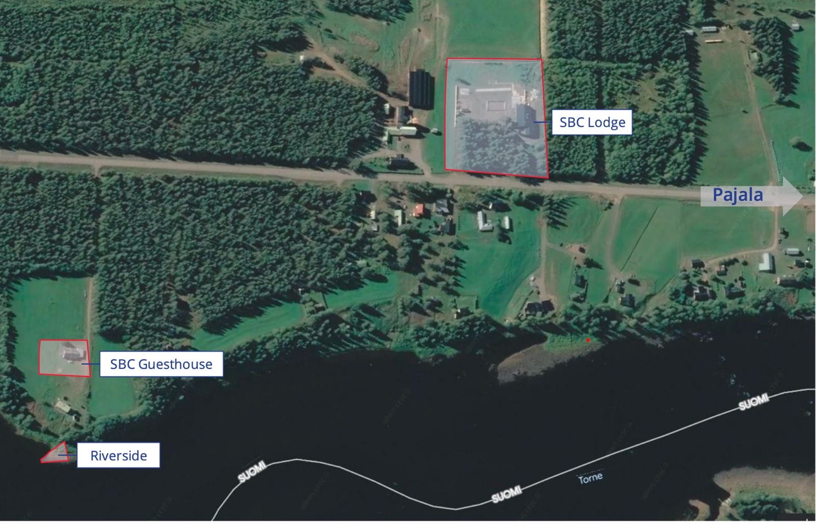 Aerial map showing SBC Lodge, SBC Guest House, and the riverside parcel along the Torne River in Swedish Lapland